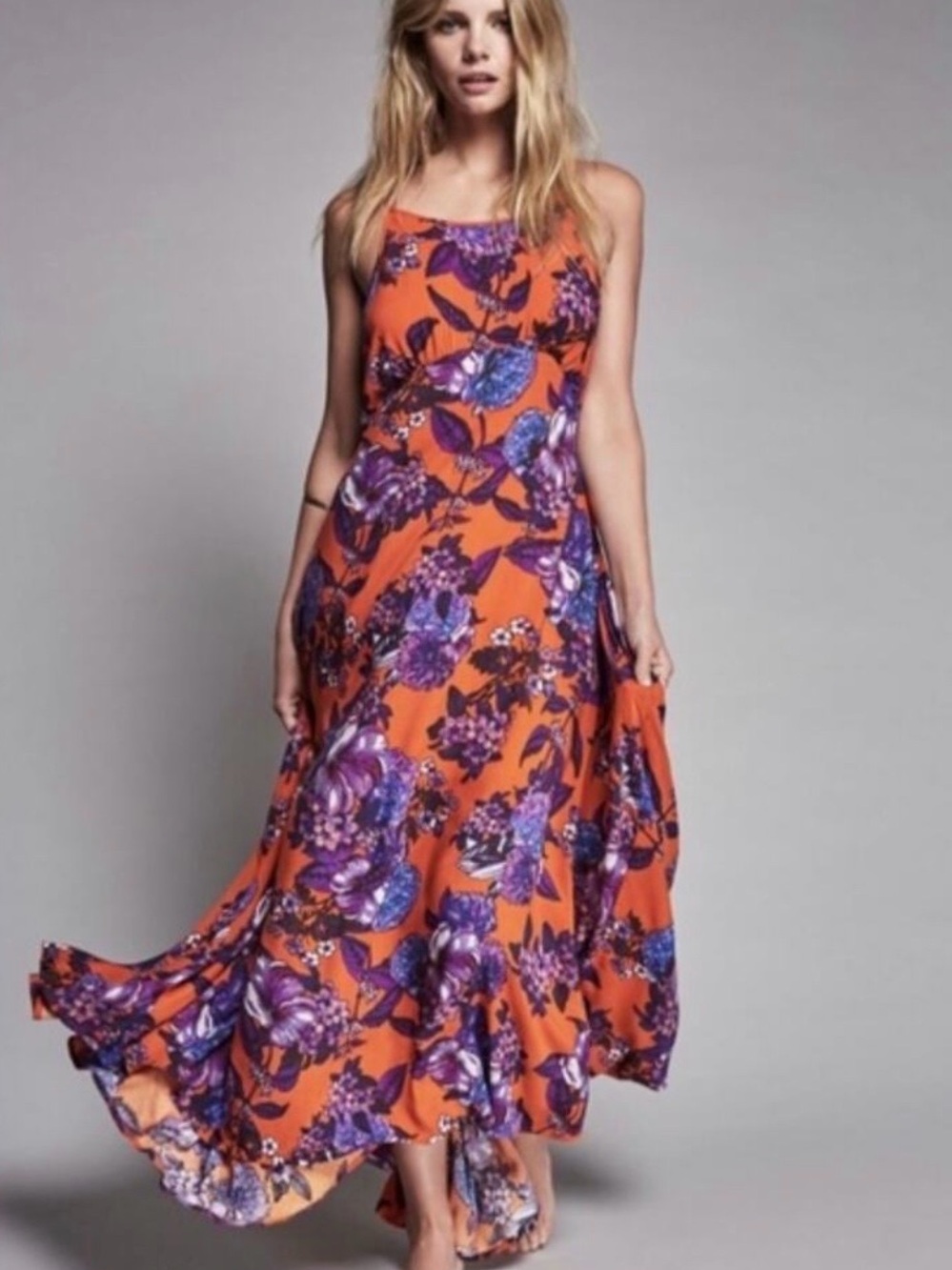 Free People Orange Maxi Dress with Purple Floral Design